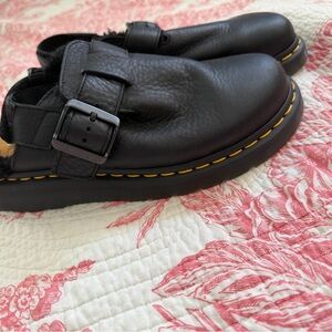 Dr. Martin Black Leather Buckle Clog with Yellow Stitching